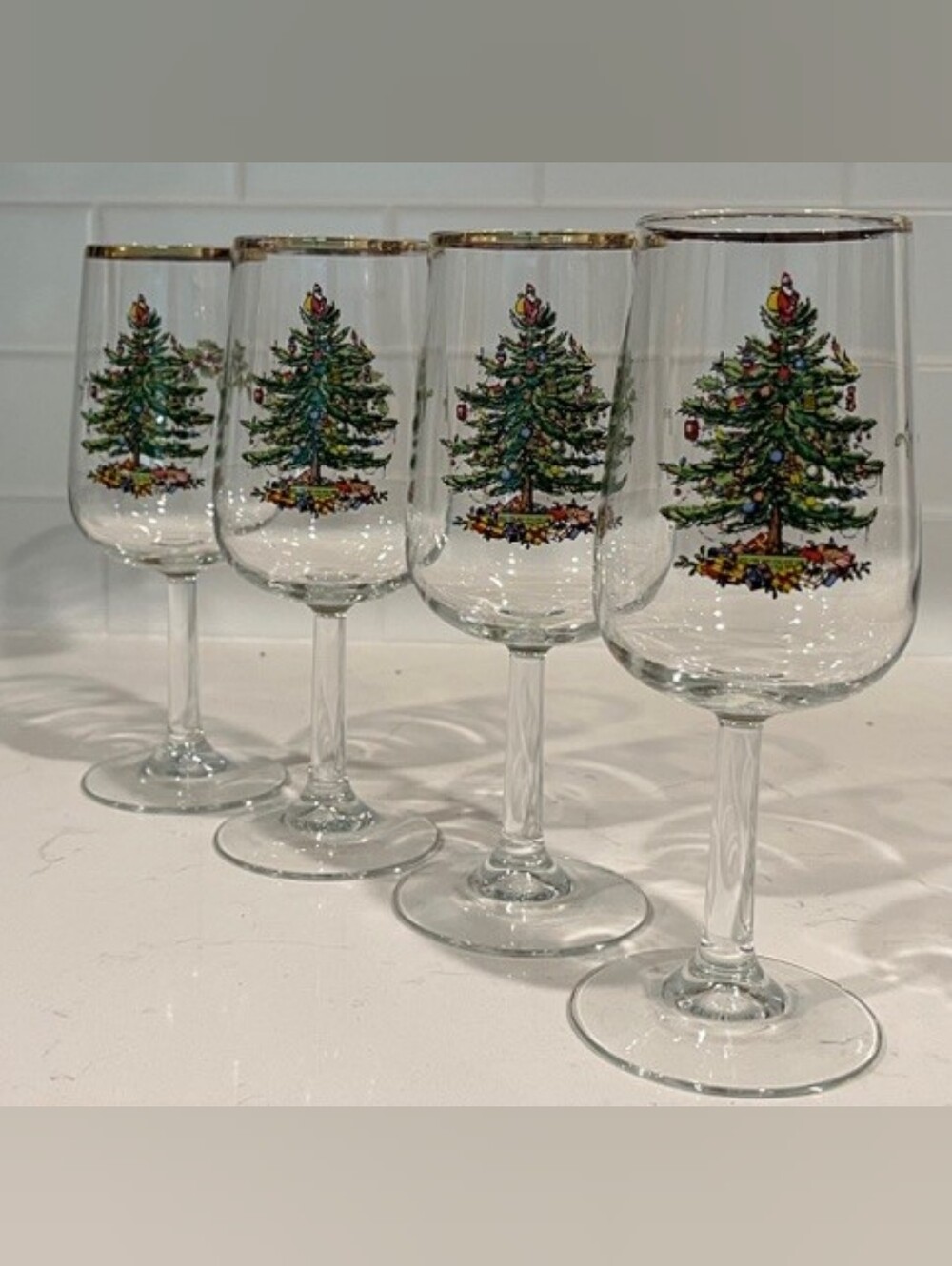 Vintage Spode Christmas Tree Wine Glasses 12 oz Goblets - Set of 4 (Gold Rim)